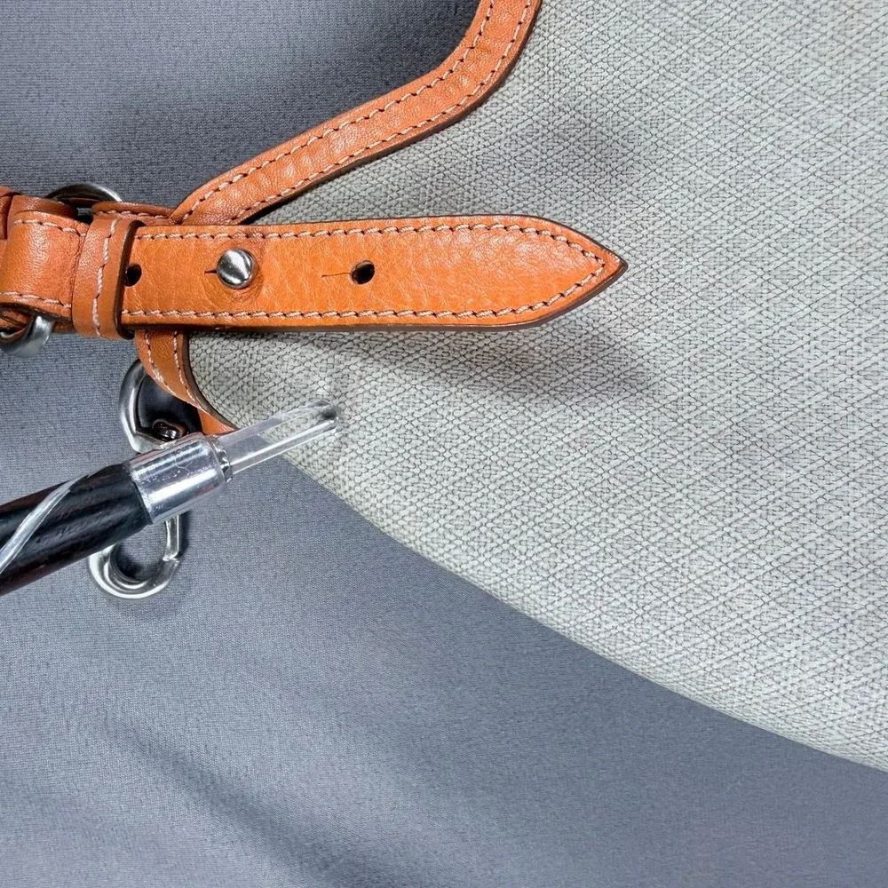 Cole Haan Genevieve Hobo Bag Canvas‎ Leather Orange Tan Large Braided Silver HW
